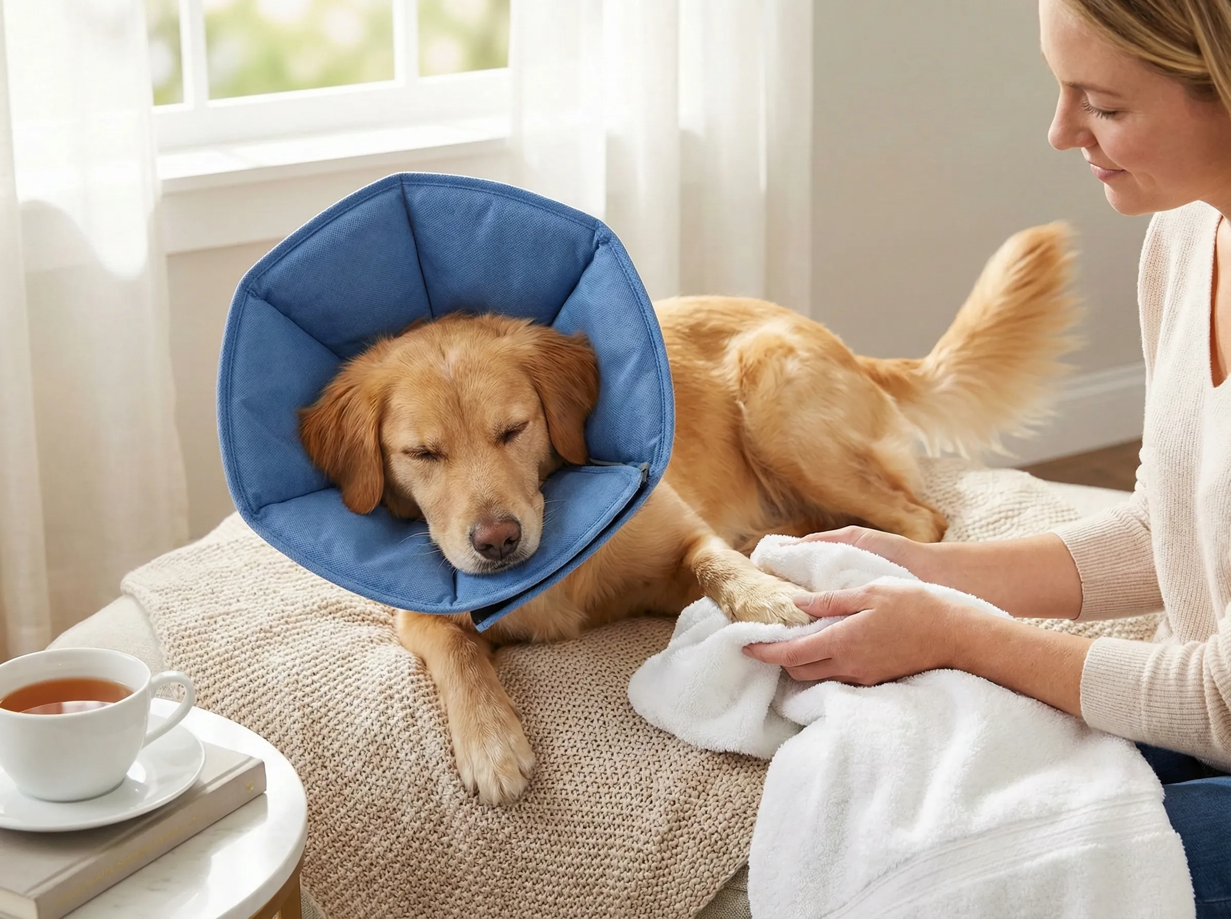 넥카라를 한 강아지와 발바닥 관리 모습