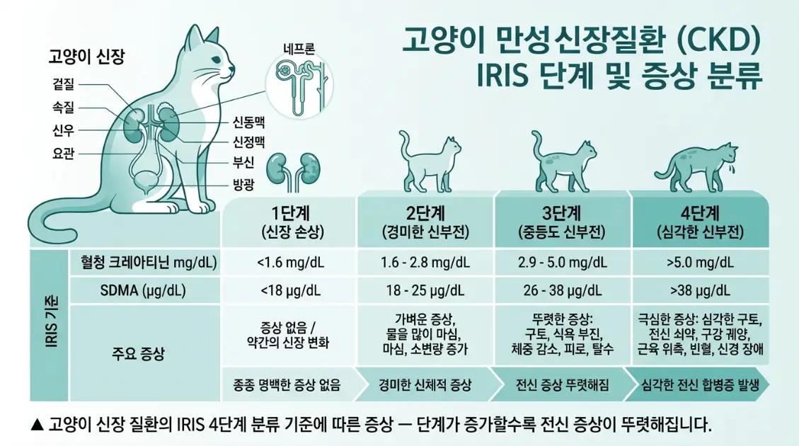 고양이 만성신부전 IRIS 단계별 증상 분류표 - 크레아티닌 수치 기준