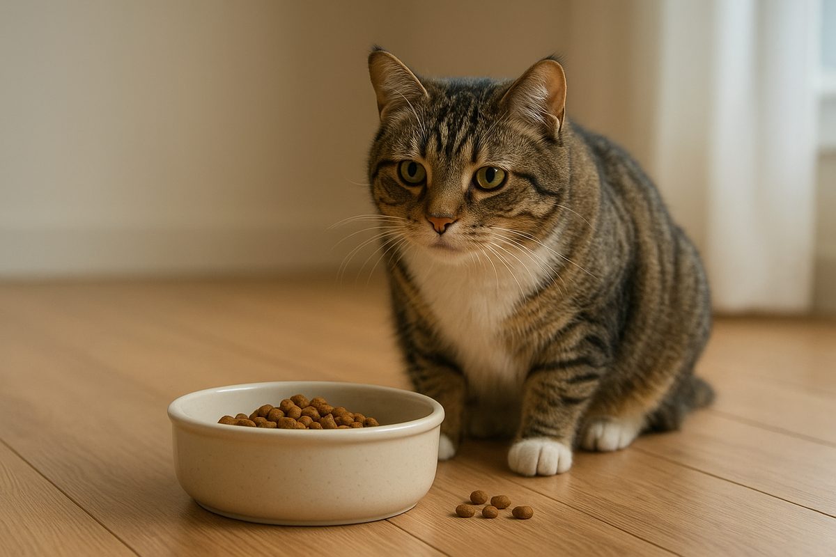 고양이 밥 먹고 바로 토함 상황의 식기 옆 고양이