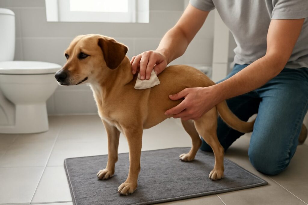 강아지 엉덩이 바닥에 끌고 다님 후 항문 주변을 부드럽게 닦는 관리 모습