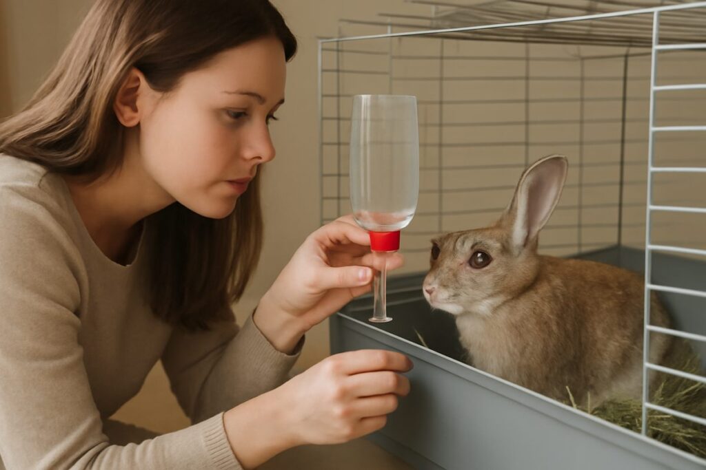 급수기 물이 잘 나오는지 확인하는 토끼 보호자